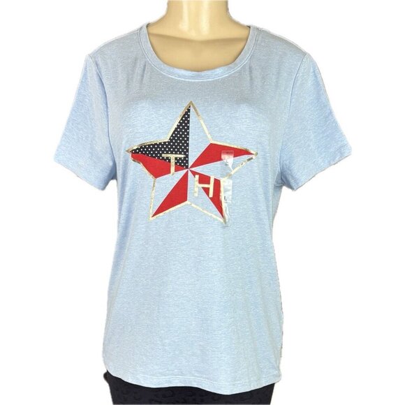 Tommy Hilfiger L Heather Blue Logo Star Graphic Crew Neckline Short Sleeve Tee - Picture 2 of 6
